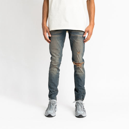 Sand Washed Jeans With Destroyed Knee